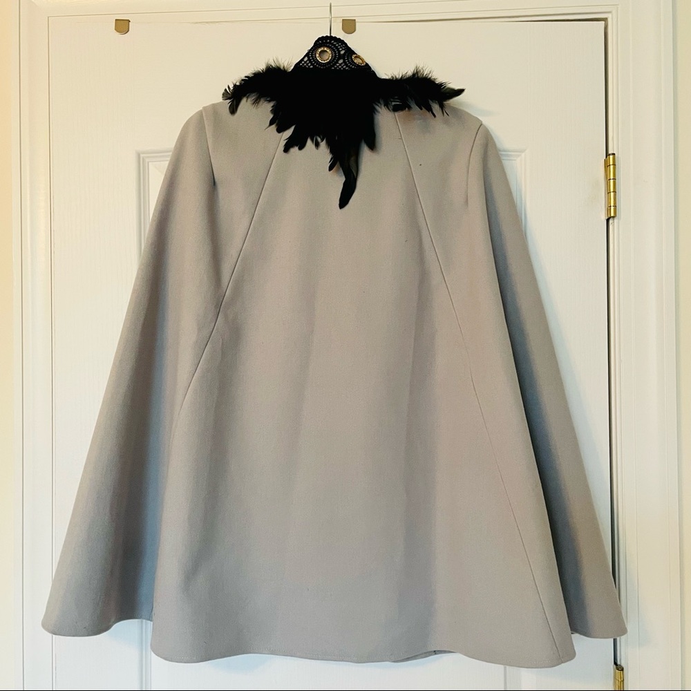 SHEIN Cape Coat Grey w/ Feathers Size Medium - Picture 2 of 3